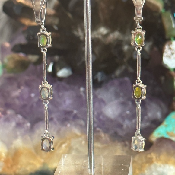 Faceted fire opals black spinel sterling silver long earrings - Picture 8 of 10
